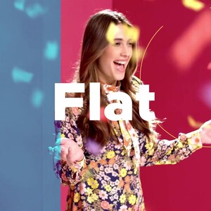 May include: A woman in a floral dress smiles, with the word "Flat" in white. The background is split between blue and red, with confetti-like shapes. A yellow circle frames the woman.