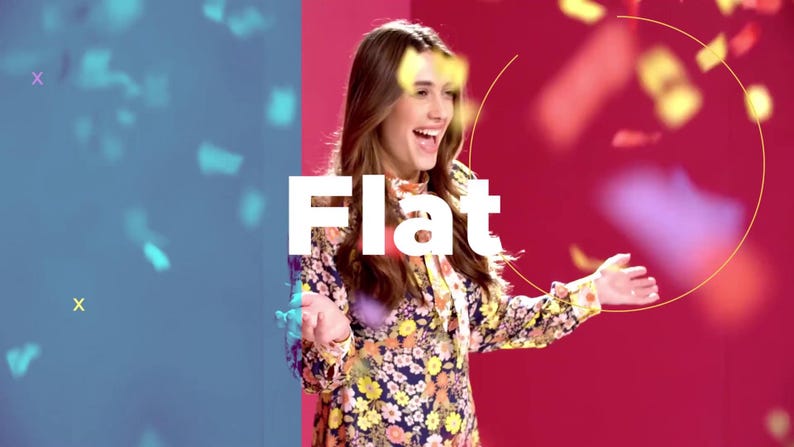 May include: A woman in a floral dress smiles, with the word "Flat" in white. The background is split between blue and red, with confetti-like shapes. A yellow circle frames the woman.