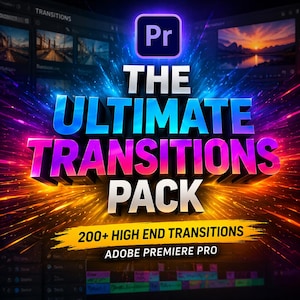 May include: A promotional graphic for "THE ULTIMATE TRANSITIONS PACK" for Adobe Premiere Pro. The design features a purple and blue logo, with the text in bold, 3D lettering. The pack includes over 200 high-end transitions, with a dynamic, colourful background.