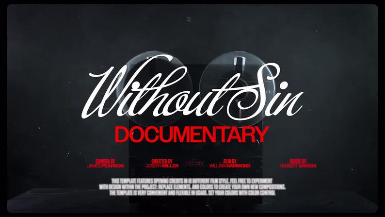May include: A promotional image for a documentary titled "Without Sin." The title is in elegant white script above the red word "DOCUMENTARY." The image features two clear, circular objects, possibly film reels, against a dark background.