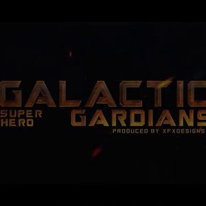 May include: A dark background with the words "GALACTIC GUARDIANS" in a bronze, textured font. Below, "SUPER HERO" is written. The text "PRODUCED BY XFXDESIGNS" is at the bottom. A colorful "Pr" logo is in the upper right.