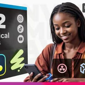 Puede incluir: Una mujer sonr&iacute;e mientras sostiene un tel&eacute;fono inteligente, con una caja negra con el texto "72 Vertical Stories" y el logotipo de PixFix. La caja tiene iconos de redes sociales y una insignia roja "Update 11".