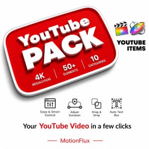 Puede incluir: Gráfico rojo y blanco de un paquete de YouTube con el texto "YouTube PACK" y detalles como "Resolución 4K, 50+ elementos, 10 categorías". Iconos y texto describen funciones como "Ease & Smart Control" y "Drag & Drop".