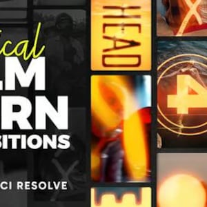 Puede incluir: Imagen promocional de "Vertical Film Burn Transitions" con el logotipo de DaVinci Resolve. La imagen presenta un collage de gr&aacute;ficos tem&aacute;ticos de pel&iacute;culas, incluyendo la palabra "HEAD" y un temporizador de cuenta regresiva. El texto es blanco y amarillo sobre un fondo oscuro.