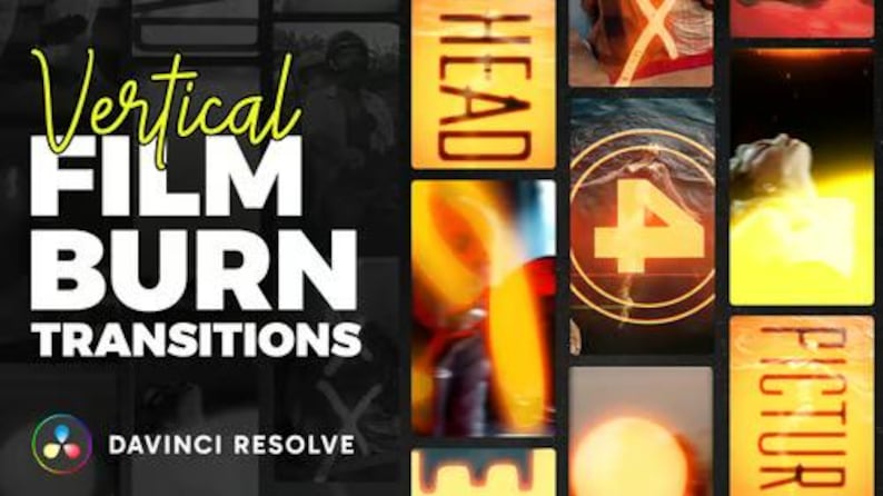Puede incluir: Imagen promocional de "Vertical Film Burn Transitions" con el logotipo de DaVinci Resolve. La imagen presenta un collage de gr&aacute;ficos tem&aacute;ticos de pel&iacute;culas, incluyendo la palabra "HEAD" y un temporizador de cuenta regresiva. El texto es blanco y amarillo sobre un fondo oscuro.