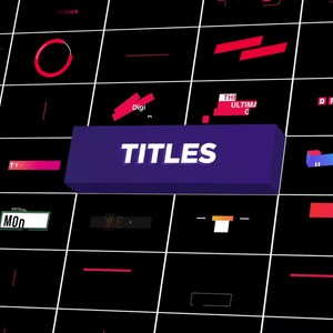 May include: A grid of graphic design elements in red, white, and blue against a black background. A purple rectangular block with the word "TITLES" in white is in the center. Other text includes "FIG", "Mon", "Digi", and "Creativity the greater rebellion".