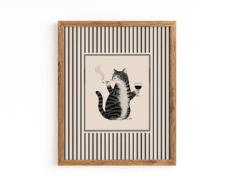 Moody Cyperse kat wijn print, rokende kat print, grappige kat kunst aan de muur, decor wijnliefhebber, vintage dierlijke poster, matte muur print