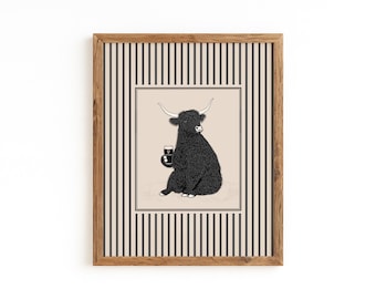 Grappige Highland Cow kunst aan de muur, Guinness Wall Art, Highland Cow Drinking Pint Print, poster pub dier, grillige bar decor, Guinness Print