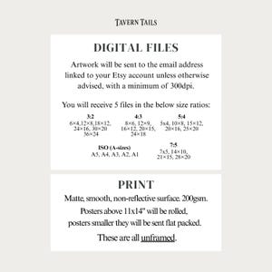 Op de afbeelding: Een informatieblad voor digitale kunstdrukken met de tekst "TAVERN TAILS" bovenaan. Het blad bevat details over digitale bestandspecificaties, inclusief beeldverhoudingen en ISO-formaten. Het beschrijft ook afdrukdetails, zoals het matte, gladde, niet-reflecterende oppervlak en het feit dat de afdrukken niet zijn ingelijst.