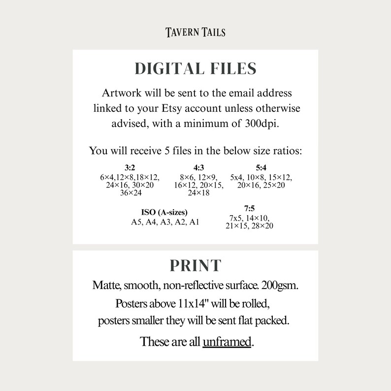 Op de afbeelding: Een informatieblad voor digitale kunstdrukken met de tekst "TAVERN TAILS" bovenaan. Het blad bevat details over digitale bestandspecificaties, inclusief beeldverhoudingen en ISO-formaten. Het beschrijft ook afdrukdetails, zoals het matte, gladde, niet-reflecterende oppervlak en het feit dat de afdrukken niet zijn ingelijst.