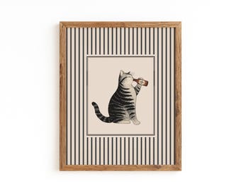 Grappige oude gespikkelde kip drinkende kat kunst aan de muur, kat bier print, pub dierenposter, vintage kattendecor, grillige dieren digitale download