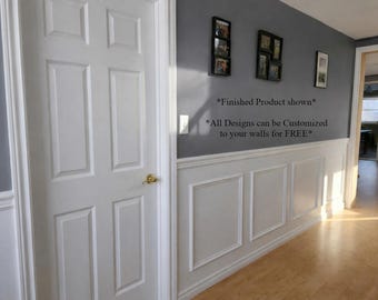 Real Wood Wainscoting 4 Panel Lower Frame Design DIY Wall Kit- For 8' ceiling- Pre-cut - Moldings- Quick Connect Corners- Accent Wall-Primed