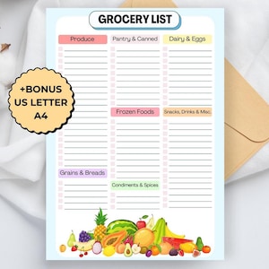 May include: A light blue grocery list notepad with sections for Produce, Pantry & Canned, Dairy & Eggs, Frozen Foods, Snacks, Drinks & Misc., Grains & Breads, and Condiments & Spices. The notepad includes a bonus US Letter and A4 size.