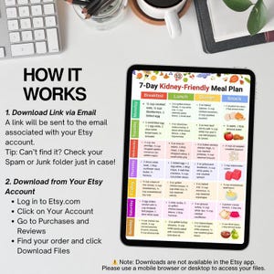 May include: A digital 7-Day Kidney-Friendly Meal Plan displayed on a tablet. The plan is divided into breakfast, lunch, dinner, and snack sections. The image also includes instructions on how to download the plan from Etsy.