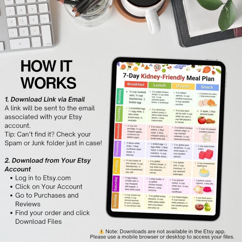 May include: A digital 7-Day Kidney-Friendly Meal Plan displayed on a tablet. The plan is divided into breakfast, lunch, dinner, and snack sections. The image also includes instructions on how to download the plan from Etsy.