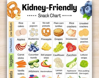 Kidney Friendly Snacks Chart, Low Potassium Low Sodium Food List, Renal Diet Grocery List, Renal Food Chart, Kidney Food List Printable PDF