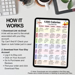 May include: A digital 7-day meal plan displayed on a tablet, labeled "1200 Calories." The plan includes breakfast, snack, lunch, snack, and dinner options. Instructions on how to download the plan via email and Etsy account are also shown.