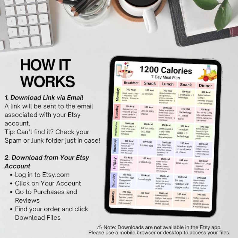 May include: A digital 7-day meal plan displayed on a tablet, labeled "1200 Calories." The plan includes breakfast, snack, lunch, snack, and dinner options. Instructions on how to download the plan via email and Etsy account are also shown.