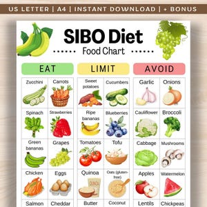 Può includere: Un colorato grafico alimentare della dieta SIBO con illustrazioni di vari frutti, verdure e altri alimenti. Il grafico è diviso in tre categorie: Mangiare, Limitare e Evitare. Include il testo: US LETTER | A4 | INSTANT DOWNLOAD | + BONUS.