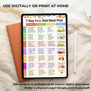 May include: A digital 7-Day Keto Diet Meal Plan displayed on a tablet, with breakfast, lunch, dinner, and snack options. The tablet is next to a brown notebook and a white stylus. Text at the top says "USE DIGITALLY OR PRINT AT HOME".