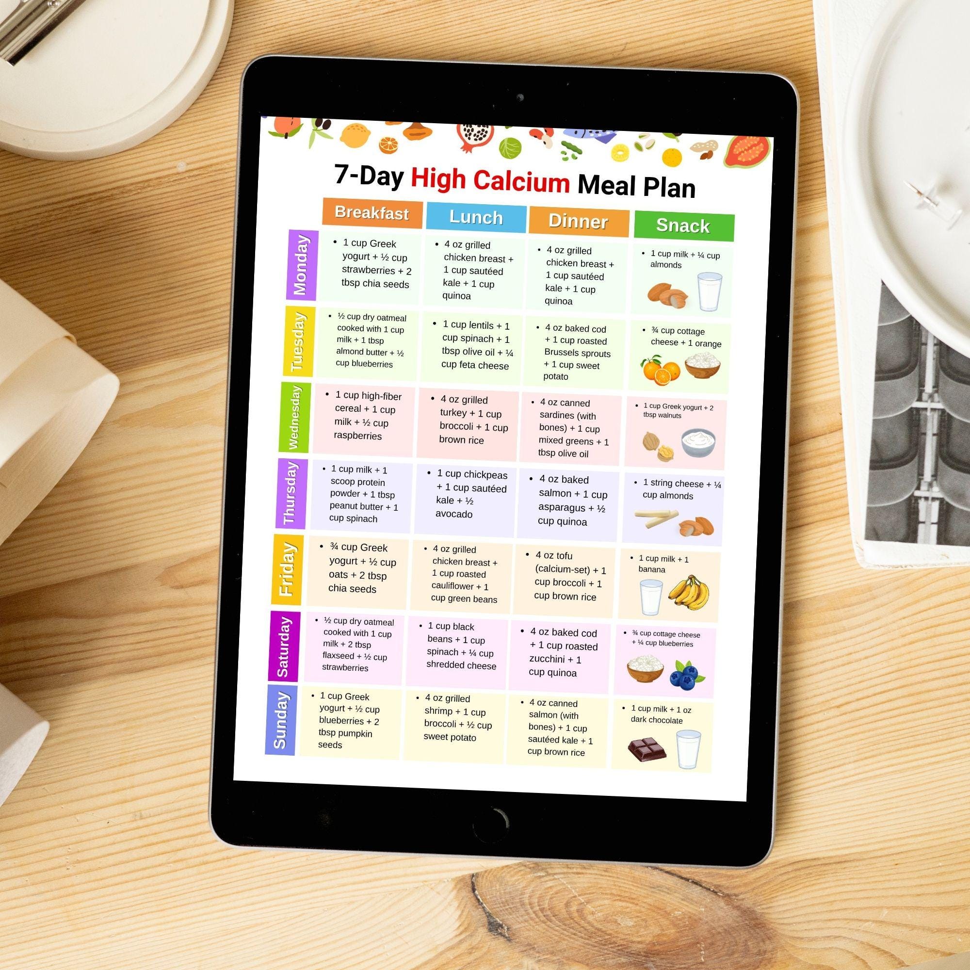 7 Day High Calcium Meal Plan Printable, Calcium Rich Weekly Menu With ...