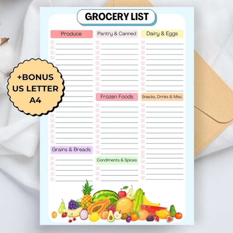 May include: A light blue grocery list notepad with sections for produce, pantry, dairy, frozen foods, snacks, grains, and condiments. The notepad includes a bonus US Letter and A4 size. A colorful illustration of fruits and vegetables decorates the bottom.