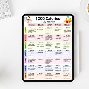 May include: A digital tablet displays a 7-day meal plan with a 1200-calorie diet. The plan is divided into breakfast, snack, lunch, snack, and dinner, with specific food items and calorie counts listed for each meal. A stylus rests on the right.