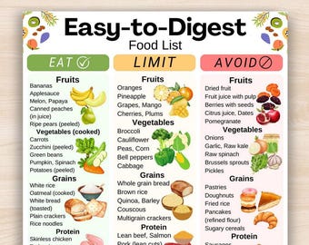 Easy to Digest Food Chart, Digestive Friendly Food List, Gentle Food Grocery List, Stomach Friendly Food List, Senior Friendly Shopping List