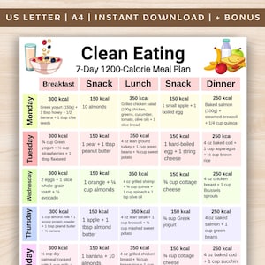 May include: A colorful 7-day 1200-calorie meal plan. The plan includes breakfast, snack, lunch, snack, and dinner options. Each meal lists the calorie count and food items. The plan is designed for a healthy eating lifestyle.