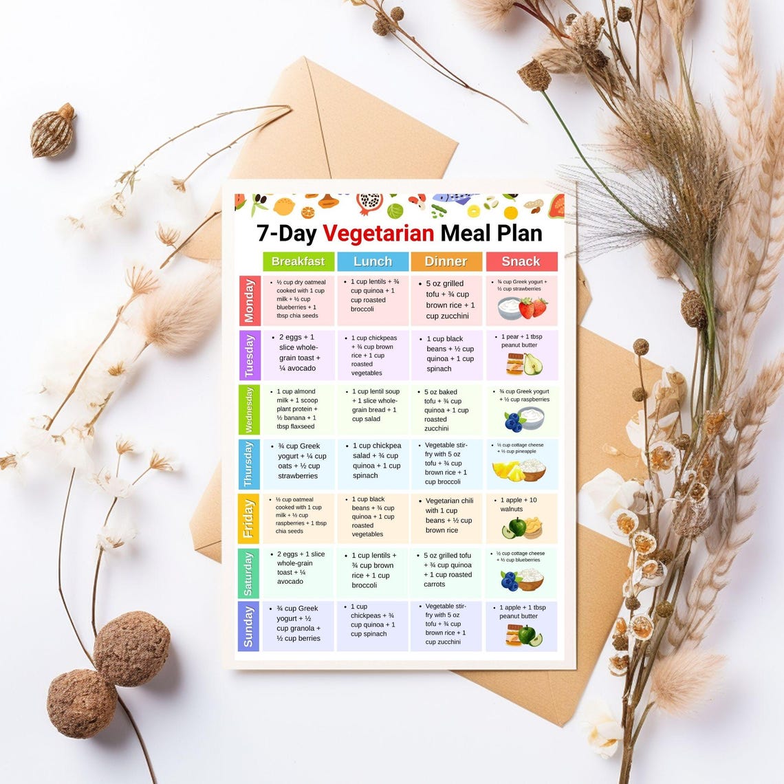 Vegetarian Meal Plan 7 Day, Weekly Vegetarian Diet Food Plan Printable, Vegetarian Plant Based ...