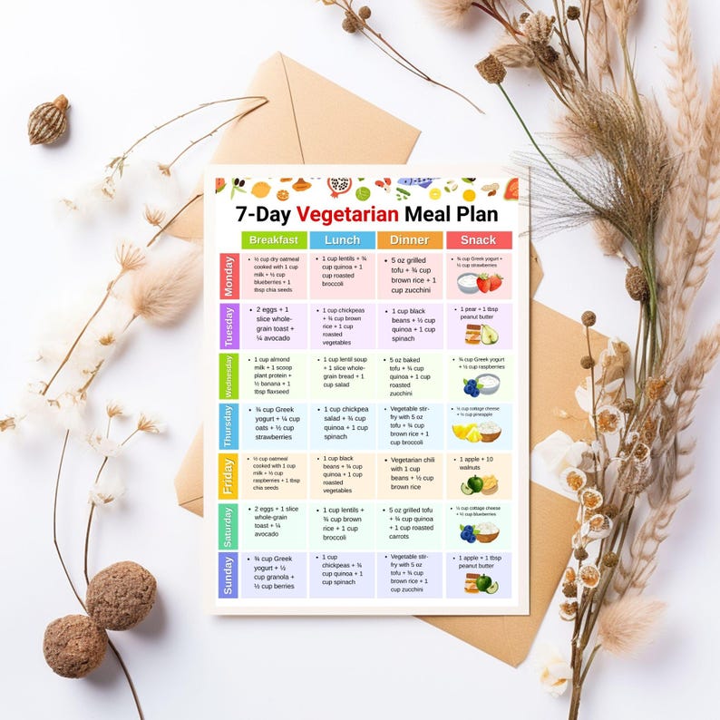 Vegetarian Meal Plan 7 Day, Weekly Vegetarian Diet Food Plan Printable ...