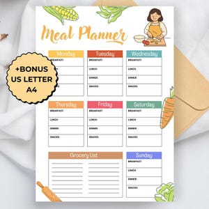 May include: A Meal Planner sheet with sections for each day of the week, including breakfast, lunch, dinner, and snacks. The sheet has a grocery list section and includes the text "+BONUS US LETTER A4". The design features illustrations of vegetables.