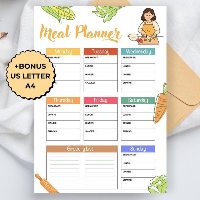 May include: A Meal Planner sheet with sections for each day of the week, including breakfast, lunch, dinner, and snacks. The sheet has a grocery list section and includes the text "+BONUS US LETTER A4". The design features illustrations of vegetables.