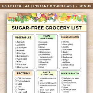 以下が含まれることがあります： 野菜、果物、穀物、タンパク質、乳製品代替品、スナックのカテゴリーがある、印刷可能な砂糖不使用の食料品リスト。ほうれん草、アボカド、キヌア、鶏むね肉、無糖アーモンドミルクなどのアイテムが含まれています。リストの上部には「US LETTER | A4 | INSTANT DOWNLOAD | + BONUS」というテキストがあります。
