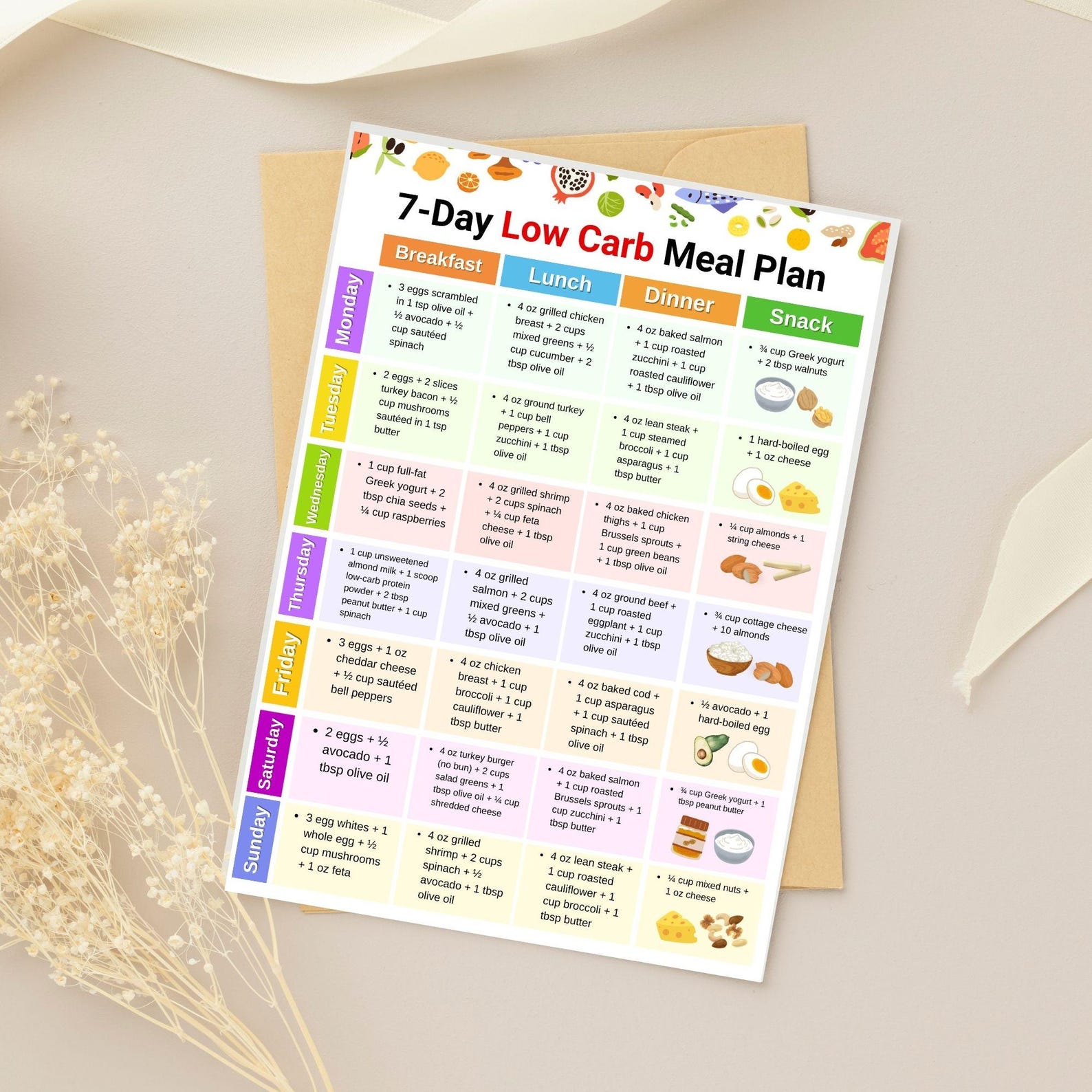Low Carb Meal Plan 7 Day Printable, Weekly Low Carb Diet Menu PDF With Breakfast Lunch Dinner ...
