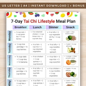 Tai Chi Meal Plan 7 Day Printable, Asian Style Diet Food Plan PDF, Clean Eating Meal Plan, Weekly Daily Menu PDF Poster, Asian Snacks Chart