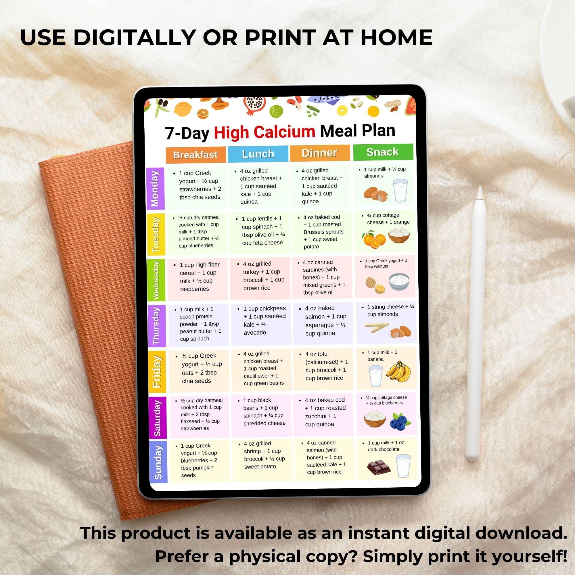 7 Day High Calcium Meal Plan Printable, Calcium Rich Weekly Menu With ...