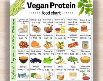 Vegan Protein Food Chart, High Protein Vegan Foods List, Protein Food Chart Printable PDF, Plant Based Protein Sources, Vegan Kitchen Poster
