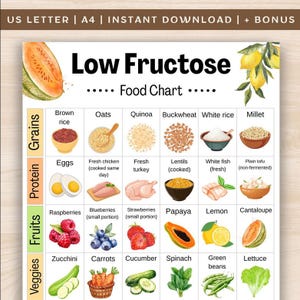 以下が含まれることがあります： 低フルクトース食品チャート。穀物、タンパク質、果物、野菜のイラストが描かれています。「玄米」、「オートミール」、「キヌア」、「卵」、「新鮮な鶏肉」、「ラズベリー」、「ブルーベリー」、「ズッキーニ」、「ニンジン」などのテキストが含まれています。