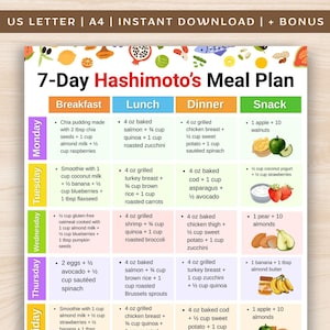 May include: A colorful 7-Day Hashimoto's Meal Plan, featuring daily breakfast, lunch, dinner, and snack suggestions. The plan includes recipes with ingredients like chia seeds, salmon, turkey breast, and various fruits and vegetables. The text "US LETTER | A4 | INSTANT DOWNLOAD | + BONUS" is at the top.