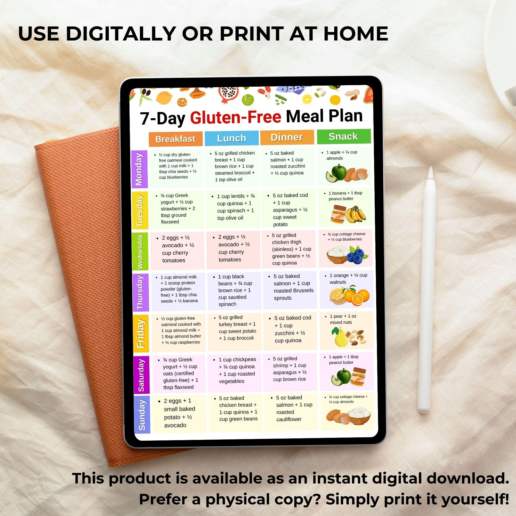 7 Day Gluten Free Meal Plan Printable PDF, Weekly Gluten Free Diet Food ...