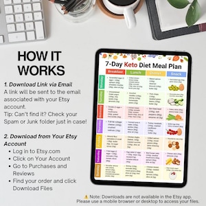 May include: A digital tablet displays a 7-Day Keto Diet Meal Plan with breakfast, lunch, dinner, and snack options. The screen shows a detailed menu with food items and quantities. Instructions on how to download the file are also visible.