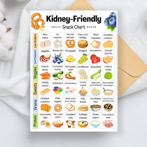 May include: A colorful "Kidney-Friendly Snack Chart" lists various food options. The chart is divided into categories like "Low Sodium," "Veggies," and "Protein." Images of snacks such as rice cakes, apples, and hard-boiled eggs are included.