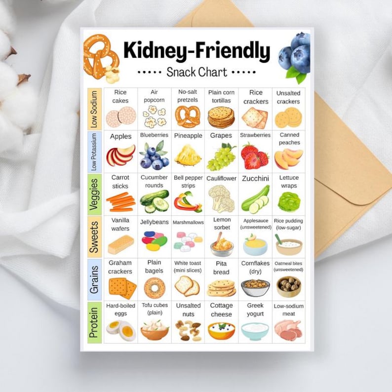 May include: A colorful "Kidney-Friendly Snack Chart" lists various food options. The chart is divided into categories like "Low Sodium," "Veggies," and "Protein." Images of snacks such as rice cakes, apples, and hard-boiled eggs are included.
