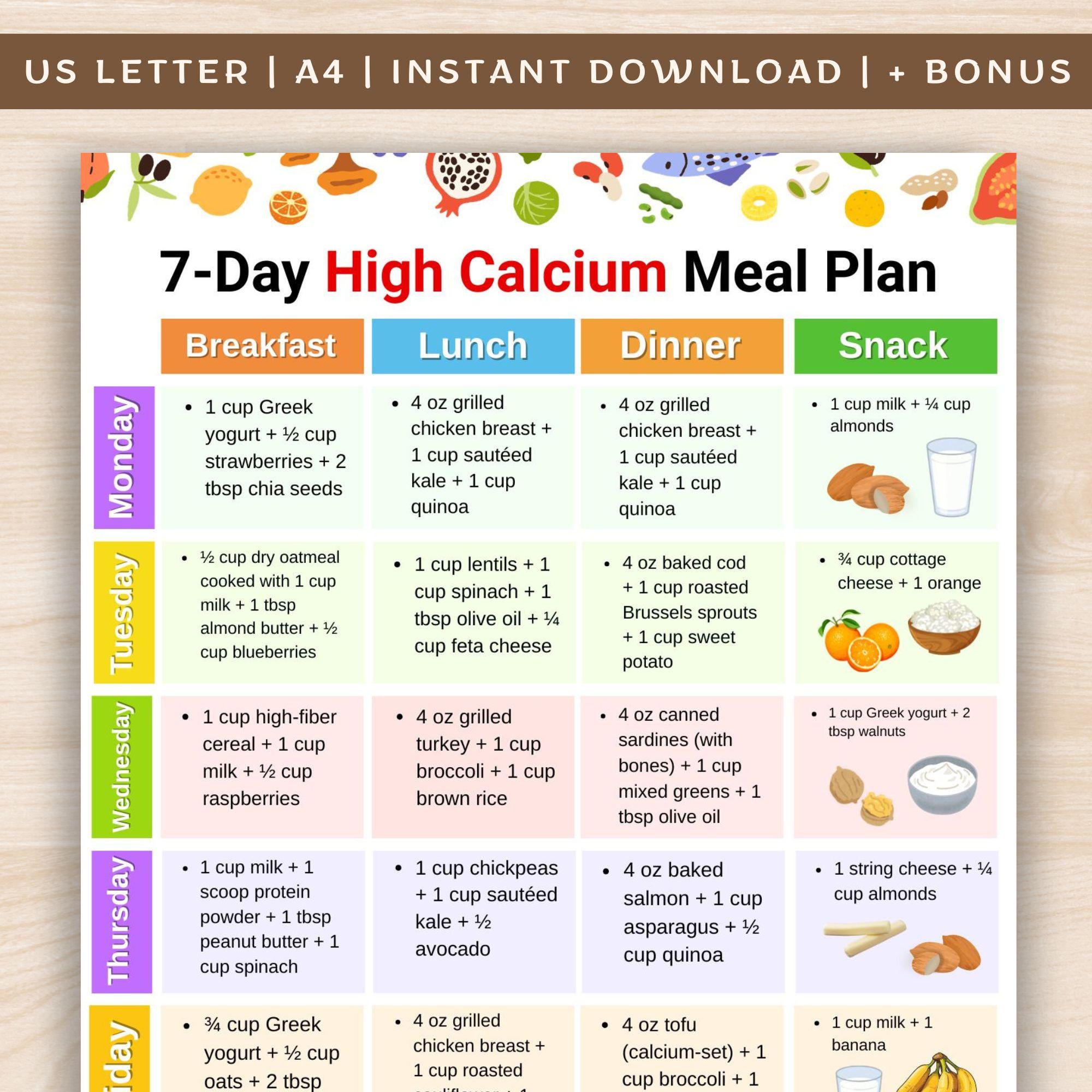 7 Day High Calcium Meal Plan Printable, Calcium Rich Weekly Menu With ...
