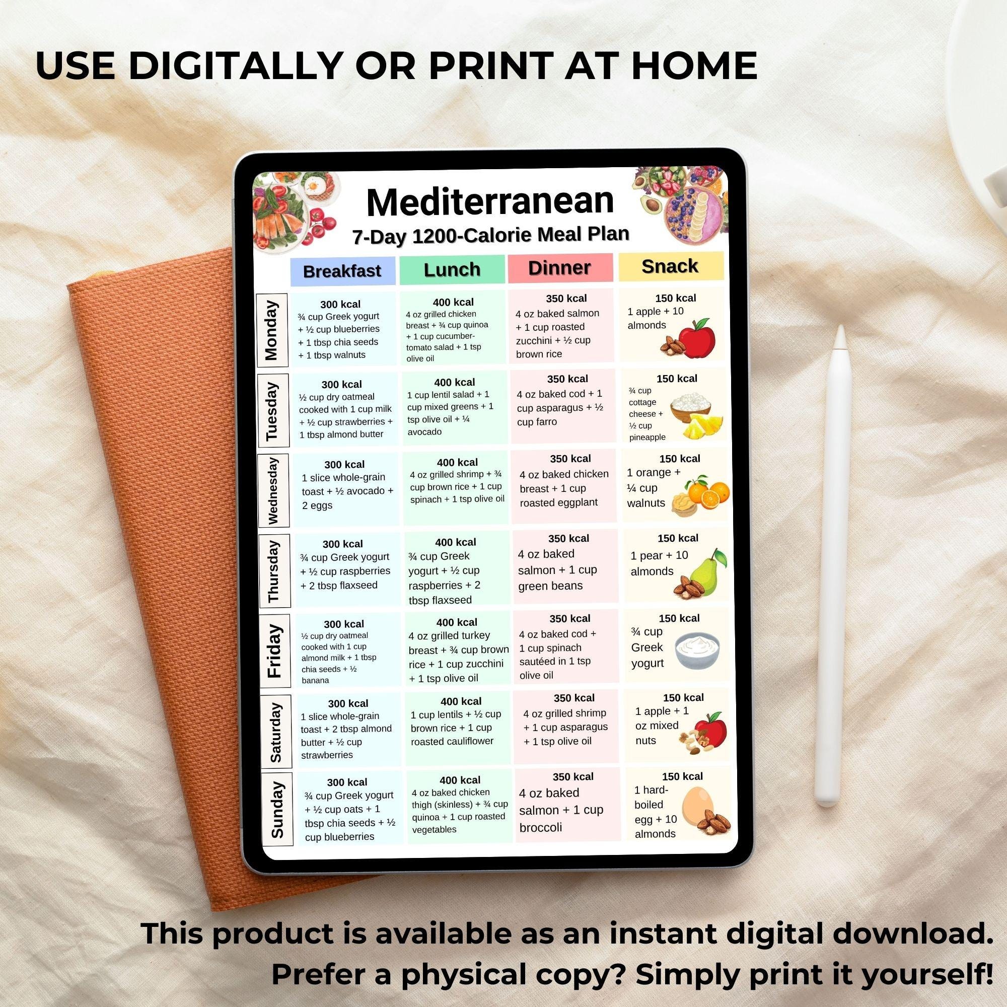Mediterranean 7 Day 1200 Calorie Meal Plan PDF, 1200 Calorie Weekly ...