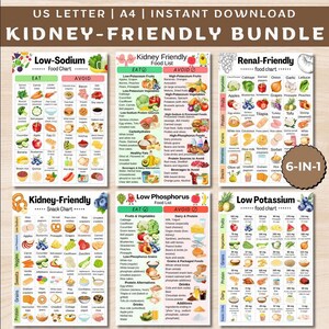 以下が含まれることがあります： 「US LETTER | A4 | INSTANT DOWNLOAD KIDNEY-FRIENDLY BUNDLE」のテキストが入った、腎臓に優しい食品チャート6枚セット。食べても良いものと避けるべき食品のリストが、食品の種類別にカラフルなイラストで表示されています。