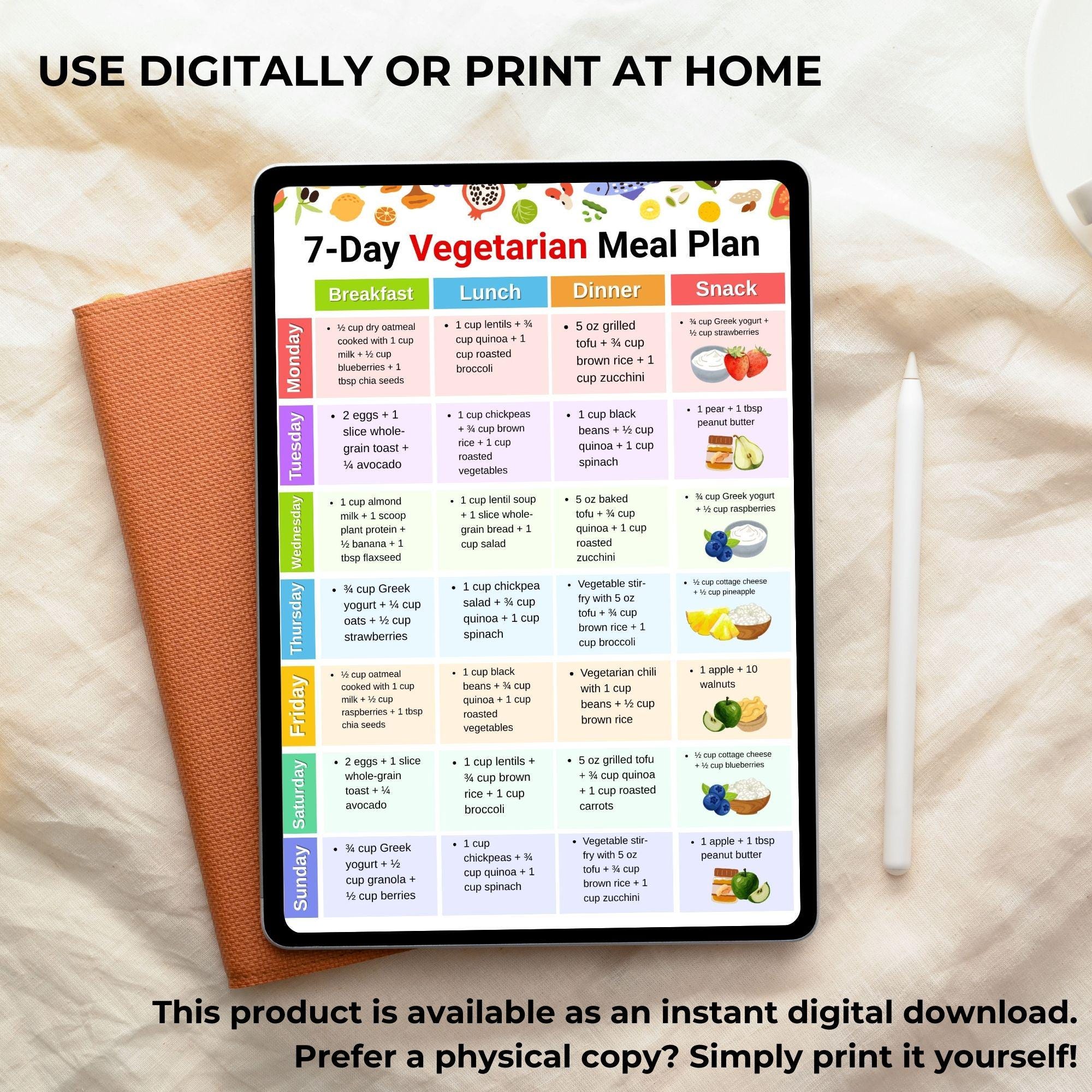 Vegetarian Meal Plan 7 Day, Weekly Vegetarian Diet Food Plan Printable ...