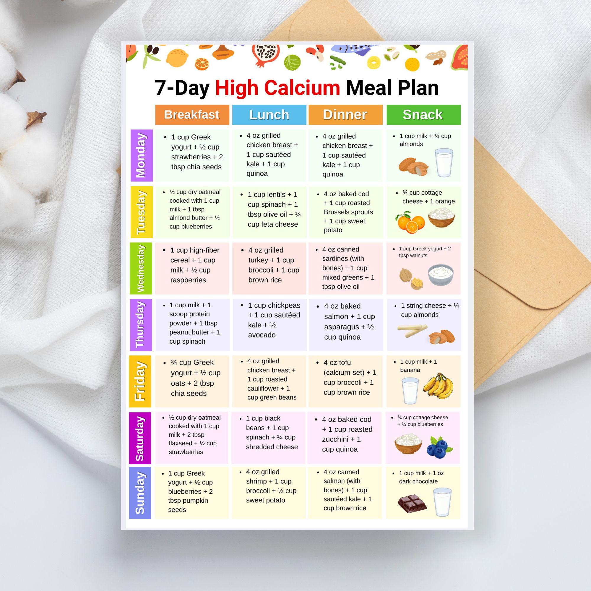 7 Day High Calcium Meal Plan Printable, Calcium Rich Weekly Menu With ...