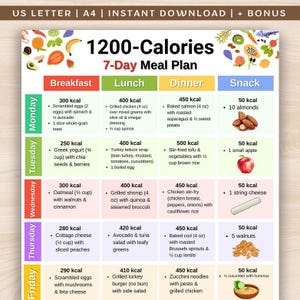 Puede incluir: Un gráfico de plan de comidas de 7 días y 1200 calorías. El gráfico se divide en secciones de desayuno, almuerzo, cena y merienda, con sugerencias de comidas específicas para cada día de la semana. El gráfico incluye el texto "US LETTER | A4 | INSTANT DOWNLOAD | + BONUS".